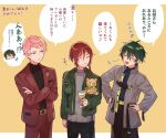 3boys belt black_belt black_pants black_shirt blush bow bowtie closed_eyes closed_mouth commentary_request cowboy_shot crossed_arms cup ensemble_stars! green_bow green_bowtie green_hair hair_between_eyes hands_on_own_hips highres holding holding_cup itsuki_shu jacket kagehira_mika lapels long_sleeves male_focus multicolored_hair multiple_boys open_clothes open_jacket open_mouth pants pink_hair purple_eyes red_hair red_pants safety_pin sakasaki_natsume shirt short_hair speech_bubble streaked_hair stuffed_animal stuffed_toy teddy_bear teeth translation_request upper_teeth_only valkyrie_(ensemble_stars!) wednesday_108 white_hair 