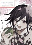  1boy :d absurdres black_hair burger checkered_clothes checkered_scarf danganronpa_(series) danganronpa_v3:_killing_harmony flipped_hair food food_on_face hair_between_eyes highres holding holding_food jacket long_sleeves looking_at_viewer male_focus medium_hair oma_kokichi petals purple_eyes scarf smile solo teeth translation_request tree upper_teeth_only wa_noko white_background 