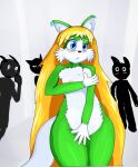  anthro blonde_hair blush cactuscacti covering covering_self female fur green_body green_fur group hair jewelry nipple_slip nipples sara_(cactuscacti) shadow_person solo solo_focus 