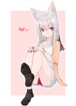  1girl akasha_(syakoba) animal_ears bare_legs black_hair black_socks bracelet bright_pupils dress feet full_body grey_hair jewelry knees_up lace legs long_hair looking_at_viewer medium_hair no_shoes open_clothes open_shirt orange_shirt original panties pink_background red_eyes red_nails red_panties shako_(syakoba3) shirt short_dress simple_background smile socks soles underwear white_background white_dress white_pupils wolf_ears wolf_girl 