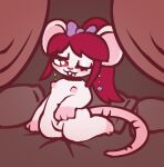  anthro bed female fingering fur furniture hair hi_res mammal mouse murid murine red_hair rodent smile solo vaginal vaginal_fingering white_body white_fur yakkotsuki 