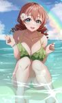  1girl :d absurdres aqua_eyes beach bikini breasts brown_hair cleavage collarbone drill_hair emma_verde flower frilled_bikini frills green_bikini hair_flower hair_ornament hands_up highres jewelry large_breasts love_live! love_live!_nijigasaki_high_school_idol_club necklace ocean open_mouth orange_nails pukonuu rainbow sitting smile solo swimsuit twin_drills white_flower 