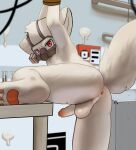  2023 3_toes absurd_res angry anthro anus balls butt canid canine canis changed_(video_game) cum_on_wall dr._k_(changed) erection feet fur gas_mask genitals hi_res inside laboratory looking_at_viewer male mammal mask mostly_nude pawpads penis raised_arms raised_tail rarvalu red_eyes restrained_arms solo spread_legs spreading tail toes white_body white_fur wolf 