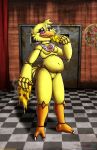  2023 absurd_res animatronic anthro avian beak belly belly_expansion bib bird blush breasts cheese chica_(fnaf) chicken dairy_products dialogue digital_media_(artwork) door eating english_text expansion feathers featureless_breasts female fingers five_nights_at_freddy&#039;s food galliform gallus_(genus) hi_res machine open_mouth pepperoni pepperoni_pizza phasianid pink_eyes pizza pizza_slice robot scottgames solo speech_bubble stuffing text viroveteruscy weight_gain weight_gain_drive yellow_body yellow_feathers 