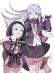  2girls :d absurdres bizarre_cuco black_bow black_bowtie black_gloves blunt_bangs bow bowtie character_request commission d: danganronpa:_trigger_happy_havoc danganronpa_(series) gloves hands_up highres hood hood_up jacket kirigiri_kyoko long_hair miniskirt multiple_girls necktie open_clothes open_jacket orange_necktie pink_eyes pink_hair pleated_skirt purple_jacket shirt simple_background skirt smile teeth upper_teeth_only white_background white_bow white_bowtie white_shirt 