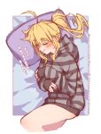  1girl ahoge artoria_pendragon_(fate) blonde_hair blush breasts closed_eyes fate/grand_order fate_(series) grey_sweater highres hood hooded_sweater long_hair long_sleeves medium_breasts mitsurugi_sugar mysterious_heroine_xx_(fate) pillow ponytail sidelocks sleeping smile solo striped striped_sweater sweater thighs translation_request 