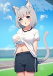  1girl absurdres animal_ear_fluff animal_ears black_shorts blue_eyes blue_hairband blue_sky blurry blurry_background blush bottle breasts cat_ears cat_girl cat_tail clothes_lift cloud collarbone commentary_request day depth_of_field flying_sweatdrops grey_hair gym_shirt gym_shorts gym_uniform hairband highres hinata_(user_rjkt4745) lifted_by_self looking_at_viewer medium_breasts navel open_mouth original outdoors shirt shirt_lift shorts sky solo standing sweat tail water_bottle 