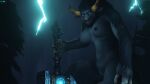  3_fingers 3d_(artwork) anthro areola big_breasts black_areola black_body black_fur black_nipples blizzard_entertainment blue_eyes bovid bovine breasts death_knight_(warcraft) digital_media_(artwork) female fingers fur genitals glowing glowing_eyes hammer hi_res highmountain_tauren looking_at_viewer mammal melee_weapon nipples pussy solo tauren tools toxik_enzis warcraft weapon 