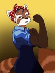  2023 3:4 ailurid anthro black_nose blue_clothing brown_body brown_fur clothing digital_media_(artwork) female fur halcy0n headkerchief hi_res kerchief looking_at_viewer mammal markings red_panda simple_background solo striped_markings striped_tail stripes tail tail_markings we_can_do_it! 