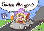  ! !! 1girl alcohol arrow_(symbol) autobahn beer beer_mug blonde_hair blush_stickers bread car chibi clownpiece cup day detached_wings drooling english_commentary english_text exhaust exhaust_pipe fairy_wings food german_flag_print german_text hat highres holding holding_food jester_cap long_hair mixed-language_commentary motor_vehicle mug open_mouth outdoors pretzel_stick print_shirt purple_headwear red_eyes road road_sign shirt shitacemayo short_sleeves sign solo speech_bubble steering_wheel touhou translated very_long_hair wings 