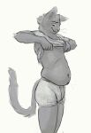  2020 anthro belly big_belly black_and_white briefs cettus clothed clothing clothing_lift domestic_cat felid feline felis hi_res looking_at_belly looking_down male mammal monochrome shirt shirt_lift simple_background slightly_chubby slightly_chubby_anthro slightly_chubby_male standing topwear underwear white_background 