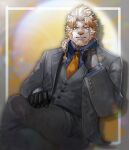  1boy animal_ears astosis_(live_a_hero) bara black_gloves blue_shirt braid crossed_legs furry furry_male gloves hashtag_only_commentary highres lion_boy lion_ears lion_mane live_a_hero looking_at_viewer male_focus multicolored_hair necktie neumo orange_necktie pants pinstripe_pants pinstripe_pattern pinstripe_suit pinstripe_vest shirt sitting striped suit vest watch wristwatch 