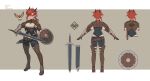  1girl armor belt belt_buckle bird boots breasts buckle commentary dpin_(user_adhr8855) dragon_girl dragon_horns english_commentary english_text full_body highres holding holding_shield holding_sword holding_weapon horns looking_at_viewer medium_breasts multiple_views orange_eyes original pointy_ears red_hair reference_sheet sheath shield silka_(dpin) slit_pupils standing sword thigh_boots weapon 