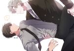  2boys ? black_necktie black_pants blue_necktie brown_hair carrying carrying_person closed_eyes collared_shirt highres ilay_riegrow jeong_taeui male_focus multiple_boys necktie o_ssion pants passion_(manhwa) shirt short_hair simple_background single_arm_hug smile speech_bubble spoken_question_mark white_background white_hair white_shirt yaoi 