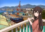  1girl akagi_(kancolle) brown_eyes brown_hair brown_shirt building closed_mouth day hair_between_eyes hitakikan kantai_collection long_hair mountain outdoors ship shirt short_sleeves sky smile solo watercraft 