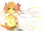  2021 ahoge aqua_eyes birthday blonde_hair blurry blush breasts character_name closed_mouth collared_shirt commentary_request dated depth_of_field eyelashes eyes_visible_through_hair floating_hair hair_between_eyes hair_ornament hair_ribbon happy_birthday holding holding_star kamikita_komari little_busters! long_sleeves looking_at_viewer medium_breasts own_hands_together pink_ribbon red_ribbon remotaro ribbon school_uniform shirt short_hair signature simple_background smile star_(symbol) star_hair_ornament starry_background straight-on sweater twintails upper_body white_background yellow_sweater 