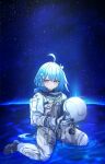  1girl ahoge astronaut blue_hair closed_mouth griseo headwear_removed helmet helmet_removed highres holding holding_helmet honkai_(series) honkai_impact_3rd kyaong long_hair looking_at_viewer purple_eyes shallow_water smile solo space space_helmet spacesuit star_(sky) very_long_hair water white_headwear 