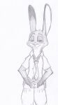  alternate_species anthro disney ears_up graphite_(artwork) half-closed_eyes hands_in_both_pockets lagomorph leporid male mammal narrowed_eyes nick_wilde pencil_(artwork) rabbit simple_background smile smug solo spoof_(artist) traditional_media_(artwork) white_background zootopia 