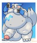  2023 3_toes anthro big_penis biped blush bodily_fluids digital_media_(artwork) feet flaccid foreskin generation_3_pokemon genitals glans hi_res huge_belly huge_penis hyper hyper_genitalia hyper_penis j1110_tanuki male moobs navel nintendo nude overweight overweight_anthro overweight_male penis pokemon pokemon_(species) shiny_pokemon simple_background solo sweat sweatdrop thick_thighs toes vein veiny_penis wide_hips zangoose 