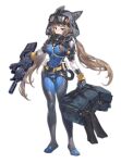  1girl absurdres bag belt blue_eyes breasts brown_hair diving_suit duffel_bag flippers flippers_removed full_body goggles goggles_on_head grin gun highres holding holding_bag holding_gun holding_weapon hood hood_up ktr_(tpun2553) long_hair looking_at_viewer low_twintails medium_breasts original respirator sidelocks simple_background skin_tight smile solo standing twintails weapon weapon_request white_background 
