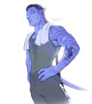  absurd_res alien alien_humanoid arm_tattoo blue_body blue_skin bodily_fluids hi_res humanoid james_cameron&#039;s_avatar male muhomora muscular muscular_humanoid muscular_male na&#039;vi solo striped_body stripes sweat tail tattoo towel towel_around_neck 