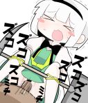  &gt;_&lt; 1girl bar_censor black_bow black_bowtie black_hairband blunt_bangs blush bob_cut bow bowtie censored clothing_aside collared_shirt commentary cookie_(touhou) feet_out_of_frame green_skirt green_vest hairband hetero hospital_king konpaku_youmu medium_bangs motion_lines open_mouth panties panties_aside penis pickaxe puffy_short_sleeves puffy_sleeves pussy sex shirt short_hair short_sleeves shovel simple_background skirt skirt_set touhou underwear vaginal vest white_background white_hair white_panties white_shirt zerukalo_(cookie) 