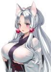  1girl akahara_tyun animal_ear_fluff animal_ears beads breast_lift breasts covered_nipples fox_ears grey_hair hair_beads hair_ornament japanese_clothes kimono large_breasts long_hair long_sleeves obi parted_bangs parted_lips ponytail purple_eyes sash sidelocks slit_pupils solo touhoku_itako upper_body very_long_hair voiceroid white_kimono wide_sleeves 