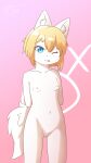  absurd_res anthro blonde_hair blue_eyes female fur genitals hair hi_res humanoid kemono one_eye_closed pussy ranlunghsu solo tongue tongue_out white_body white_fur 