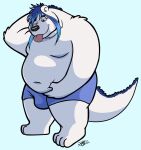  2023 anthro bear belly big_belly black_nose blush bulge clothing dragon hi_res hybrid jakegr male mammal moobs navel overweight overweight_male simple_background solo tongue tongue_out underwear white_body 