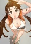  1girl arm_markings arm_up bare_shoulders black_eyes body_markings bra breasts brown_hair check_commentary cleavage coastm81942 commentary commentary_request denim denim_shorts facial_mark fate/grand_order fate_(series) forehead_mark foreshortening from_above grey_background hair_bun hand_on_own_thigh highres himiko_(fate) hood hooded_vest hoodie hot large_breasts long_hair looking_at_viewer looking_up open_mouth orange_vest shadow short_shorts shorts sideboob simple_background sleeveless sweat thighs topknot twintails underwear vest white_bra 