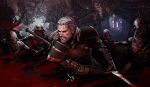  1boy 4others armor belt blood blood_on_weapon facial_hair fighting forest geralt_of_rivia gloves highres holding holding_sword holding_weapon medium_hair monster multiple_others nature nekker open_mouth outdoors red_eyes sword sword_on_back the_witcher_(series) tree weapon weapon_on_back white_hair witcher_medallion yama_orce 