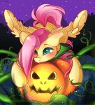  2023 absurd_res blush digital_media_(artwork) equid equine eyelashes feathers female feral fluttershy_(mlp) food friendship_is_magic fruit fur green_eyes hair halloween hasbro hi_res holidays inner_ear_fluff jack-o&#039;-lantern leaf mammal my_little_pony pegasus pink_hair pink_tail plant pumpkin solo spread_wings tail tuft vines wings yellow_body yellow_feathers yellow_fur yuris_(artist) 