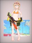  1girl ammunition_pouch barefoot belt bikini black_gloves blonde_hair blue_eyes blue_sky breasts brown_background car closed_mouth collarbone commentary_request expressionless full_body gloves goggles grid_background heel_up holding holding_water_gun kuro4221 light_blush looking_to_the_side motor_vehicle orange_bikini original palm_tree pouch short_hair sky small_breasts solo standing straight-on swimsuit tan tanlines traffic_light tree utility_belt water_gun 