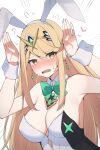  1girl animal_ears bare_shoulders blonde_hair blush bow bowtie breasts chest_jewel cleavage commentary detached_collar emphasis_lines fake_animal_ears flying_sweatdrops green_bow green_bowtie heart heart_in_eye highres large_breasts leotard long_hair mythra_(xenoblade) open_mouth playboy_bunny rabbit_ears rabbit_pose sidelocks solo strapless strapless_leotard sweat symbol_in_eye teeth tiara traditional_bowtie upper_body upper_teeth_only wabimochi wrist_cuffs xenoblade_chronicles_(series) xenoblade_chronicles_2 yellow_eyes 