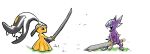  brown_eyes english_commentary holding holding_sword holding_weapon mawile no_humans open_mouth outdoors pokemon pokemon_(creature) profile regigigass sableye sword weapon white_background 