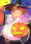  2023 absurd_res anthro band-aid bandage bear belly bottomwear brown_body clothing eyewear glasses halloween_costume hat headgear headwear hi_res humanoid_hands jack-o&#039;-lantern kemono lifewonders male mammal overweight overweight_male pants penguin0700 shirt solo tokyo_afterschool_summoners topwear volos wizard_hat 