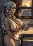  1girl animal_ears blue_eyes blush breasts cleavage coffee coffee_mug commentary cow_ears cow_girl cow_horns cow_tail cowboy_shot cup curtains desk english_commentary heart highres holding holding_cup horns incoming_drink indoors large_breasts long_hair looking_at_viewer medium_bangs morning mug nandi_(puchirisu) navel nude open_mouth original puchirisu smile solo steam sunrise tail towel towel_around_neck white_hair window 