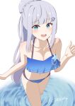  1girl :d absurdres armpit_crease bikini blue_bikini blue_eyes blush braid breasts cleavage collarbone commentary cowboy_shot dot_nose grey_hair hair_bun hair_ornament hairclip hand_up highres idolmaster idolmaster_million_live! legs_apart long_bangs long_hair looking_at_viewer navel open_mouth puddle raised_eyebrows ripples rj_edward_(artist) shiraishi_tsumugi sidelocks signature simple_background small_breasts smile solo stomach swimsuit teeth upper_teeth_only w walking 