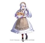  1girl amagasa_yun apron basket black_footwear brown_pantyhose commentary_request cookie dress fire_emblem fire_emblem:_three_houses fire_emblem_heroes food full_body grey_apron hair_ribbon holding holding_basket juliet_sleeves long_hair long_sleeves looking_at_viewer lysithea_von_ordelia maid_headdress official_alternate_costume official_art pantyhose pink_eyes puffy_sleeves purple_ribbon ribbon shoes simple_background smile solo standing very_long_hair waist_apron white_background white_dress white_hair 