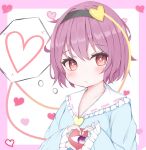  1girl black_hairband blue_shirt blush closed_mouth collarbone commentary_request don_(tiruchoco41) frilled_sailor_collar frilled_sleeves frills hair_between_eyes hair_ornament hairband heart heart_hair_ornament heart_hands komeiji_satori long_sleeves pink_background purple_eyes purple_hair red_eyes sailor_collar shirt short_hair sleeves_past_wrists solo spoken_heart third_eye touhou two-tone_background upper_body white_background white_sailor_collar wide_sleeves 