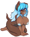  2015 alpha_channel anthro areola arm_support bangs big_breasts biped blue_areola blue_collar blue_eyes blue_hair blue_nipples blue_nose blue_tongue breasts brown_body brown_fur brown_inner_ear_fluff canid canine canis collar collar_tag countershade_face countershade_fur countershade_torso countershading digital_media_(artwork) domestic_dog eyelashes feet female folded_ears fur hair inner_ear_fluff kneeling long_hair mammal nipples nude one_eye_closed shaded simple_background solo tongue tongue_out transparent_background tuft zyira 