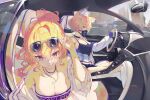  2girls :q alternate_costume animal_ear_fluff animal_ears bare_shoulders black_choker black_shorts blonde_hair breasts car car_interior character_name choker city cleavage closed_mouth commentary_request contemporary covered_mouth driving ear_piercing earrings eyewear_on_head fox_ears fox_girl hand_on_eyewear highres jacket jewelry long_sleeves looking_at_viewer mask mont_blanca motor_vehicle mouth_mask multiple_girls necklace off_shoulder partially_unzipped piercing purple_eyes shorts sparkle spiked_choker spikes sunglasses tongue tongue_out touhou upper_body white_jacket yakumo_ran yakumo_yukari yellow_eyes 
