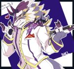  4_fingers anthro bael_(tas) canid canine canis clothed clothing costume demon eyewear fingers fur glasses hi_res horn izm_rm7 jackal lifewonders looking_at_viewer male mammal multicolored_body multicolored_fur purple_body purple_clothing purple_fur solo tokyo_afterschool_summoners white_body white_clothing white_fur 
