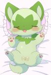  2023 anus azuo bed bedding bedding_background blush eyes_closed female feral fur furniture generation_9_pokemon genitals green_body green_fur hi_res legs_up lying nintendo on_back on_bed pillow plump_labia pokemon pokemon_(species) pussy solo sprigatito 