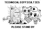  4chan animal_ear_fluff animal_ears belt burning commentary english_text fork glasses holding holding_pencil inawon jerry_can long_sleeves pencil pouring server shirt symbol-only_commentary tail technical_difficulties_screen tiger_girl 