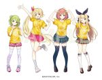  4girls black_bow bloomers blue_thighhighs bow brown_footwear brown_skirt double_bun double_v flower frilled_socks frills full_body green_eyes green_hair hair_bow hair_bun hair_ornament heart heart_hands heterochromia honma_himawari hoshikawa_sara loafers long_hair lq_saku mononobe_alice morinaka_kazaki multiple_girls nijisanji official_art one_eye_closed orange_hair pink_bloomers pink_skirt plaid plaid_skirt pleated_skirt red_eyes sample_watermark shirt shoes short_hair side_ponytail skirt socks standing standing_on_one_leg striped striped_thighhighs sunflower swept_bangs t-shirt thighhighs v very_long_hair watermark white_socks x_hair_ornament yellow_eyes yellow_shirt 