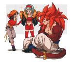  2girls absurdres aqua_eyes aqua_hair belt black_belt bra_(dragon_ball) dragon_ball dragon_ball_gt gogeta hairband highres multiple_girls navel on_floor open_mouth pan_(dragon_ball) red_hair red_hairband relio_db318 shadow simple_background teeth white_background 