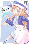  1girl akikawa_yayoi_(umamusume) animal_on_head blue_background blue_eyes blunt_bangs blush breasts cat commentary_request fang flower folding_fan hand_fan hat highres horse_girl looking_at_viewer on_head open_mouth reitowikan shoes small_breasts solo umamusume 