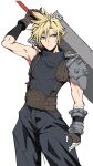  1boy armor bandaged_arm bandages belt blonde_hair blue_eyes blue_pants blue_shirt brown_belt brown_gloves buster_sword closed_mouth cloud_strife cowboy_shot crazy02oekaki final_fantasy final_fantasy_vii gloves hair_between_eyes happy_birthday highres holding holding_sword holding_weapon looking_to_the_side male_focus pants shirt short_hair shoulder_armor signature single_bare_shoulder solo spiked_hair standing suspenders sword toned toned_male weapon weapon_on_back white_nails 