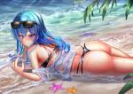  1girl alternate_costume ass beach bikini black_bikini blue_eyes blue_hair blush breasts closed_mouth day earrings eyelashes eyewear_on_head feet_out_of_frame from_side hair_between_eyes hand_up head_rest highres hololive hoshimachi_suisei jagoo jewelry long_hair looking_at_viewer lying ocean off_shoulder on_stomach outdoors sand see-through see-through_shirt shiny_skin shirt sidelocks small_breasts smile solo star_(symbol) star_in_eye starfish sunglasses swimsuit symbol_in_eye thighs virtual_youtuber water wet wet_clothes wet_shirt 